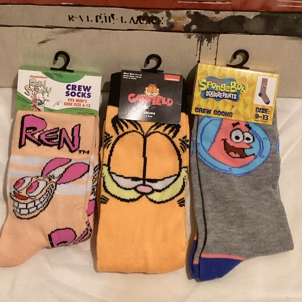 Nickelodeon Ren & Stimpy, Garfield, SpongeBob Crew Socks - Pink, Orange, Gray